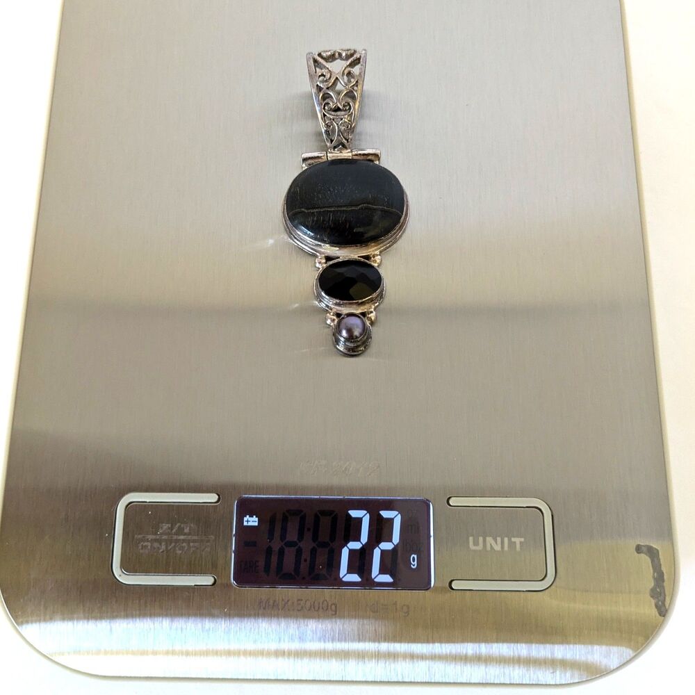 Vintage Sterling Silver 925 Large Pendant Stone Onyx Pearl Triple Drop Statement - Picture 12 of 12